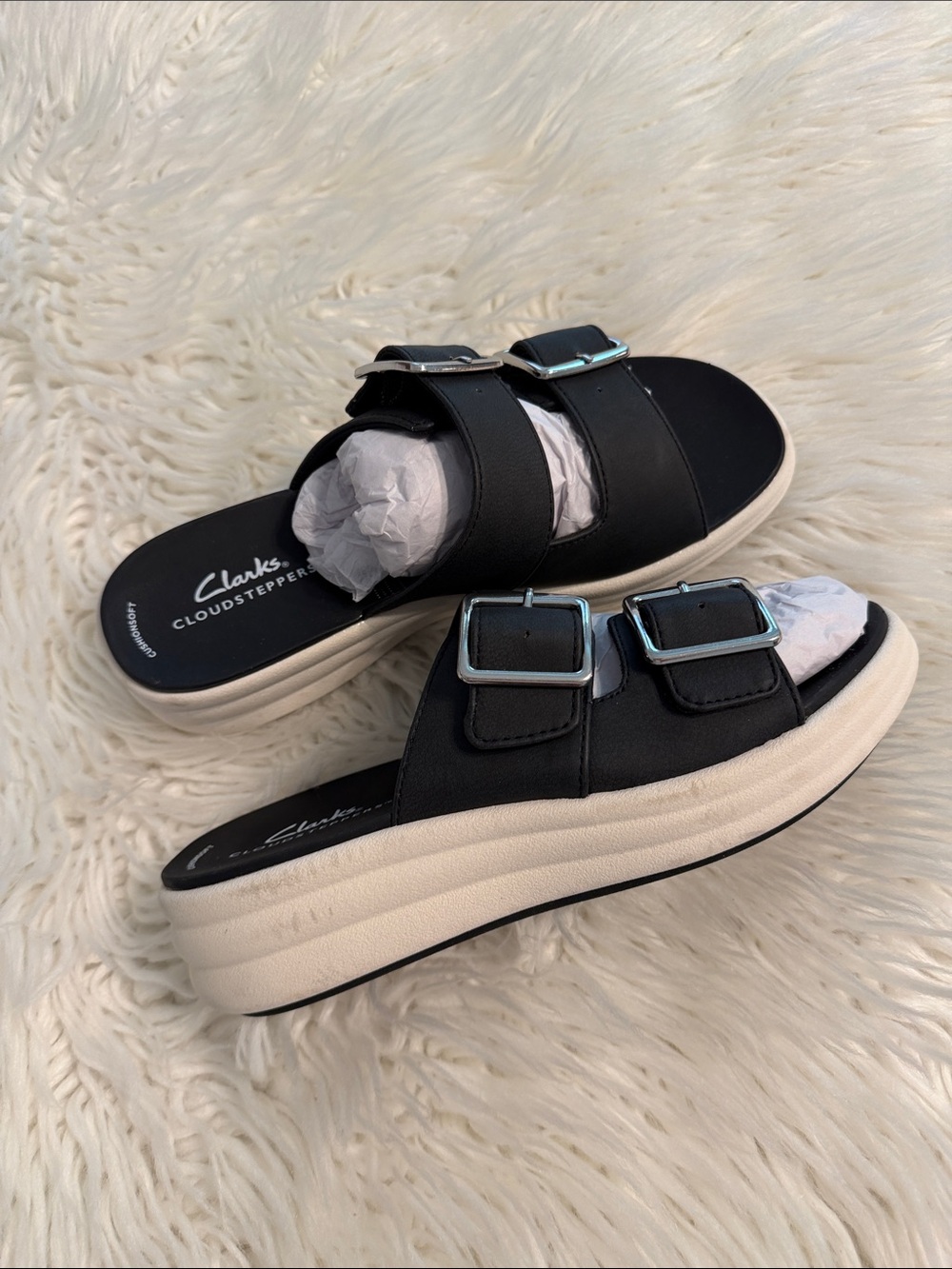 Clarks Black Dual-Buckle Platform Slide Sandals size 7M brand new